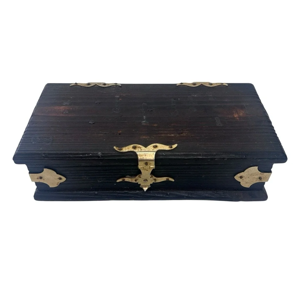 Vintage Wooden Jewelry Box Treasure Chest Trinket Rustic Pirate Gold Hardware Go